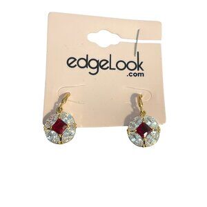 Gold Plated EdgeLook Ruby Red Clear Crystal Drop Earrings Hooks New on Card 1"